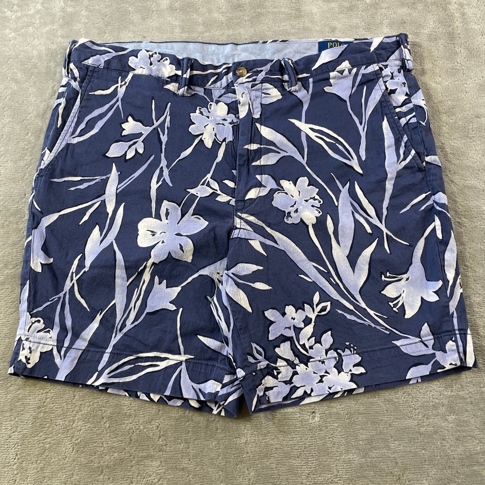 Polo Ralph Lauren Floral Chino Shorts Men 38 Blue Beach Luxury Stretch Straight